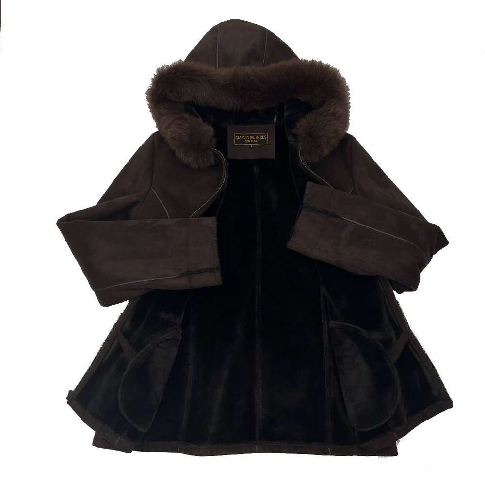 Marvin Richards Fox Fur Hood Trim Faux Leather Suede Brown Jacket Coat Womens L